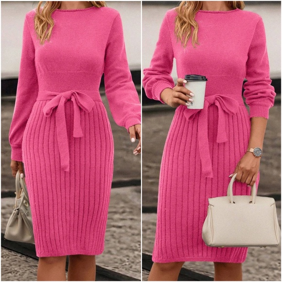 Classic Ribbed Belted Solid Sweater Dress - Picture 6 of 7